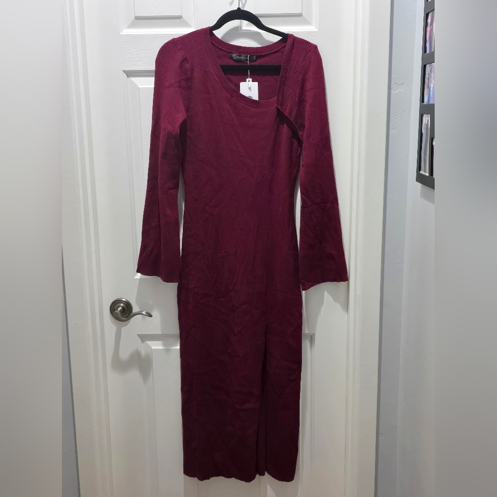 MEROKEETY Women's Bell Sleeve Ribbed Knit Maxi Sweater Dress - PLUM COLORED